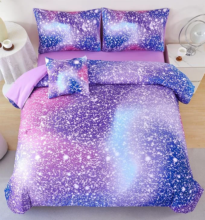 Smart RYNGHIPY 6Pcs Girls Bedding Set Twin Size Purple Rainbow Comforter Set for Kids Teens Girls Glitter Bed in a Bag Lightweight Fluffy Organic