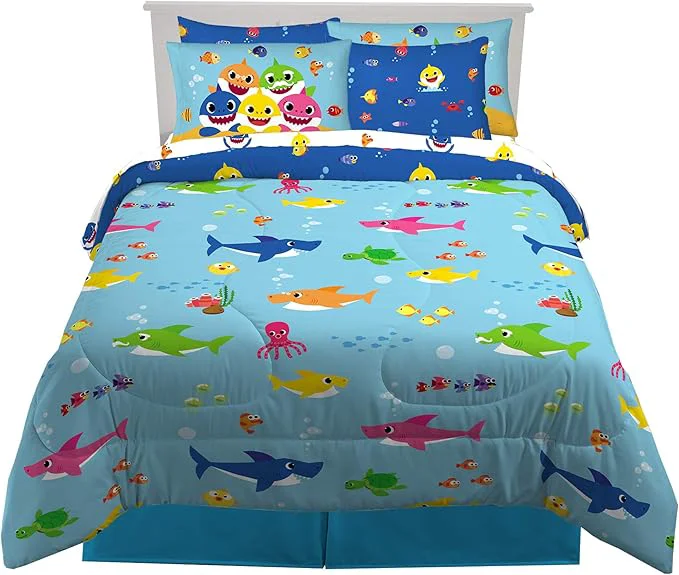 Original Franco Kids Bedding Super Soft Comforter and Sheet Set with Sham 7 Piece Full Size Baby Shark Powerful