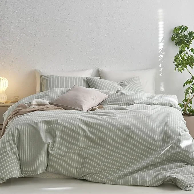 World-Class MooMee Striped Duvet Cover Set Washed Cotton Linen Like Textured Breathable Durable Soft Comfy Sage Green White Wide Stripes Cal King 104 quot x98 quot Carefully Designed