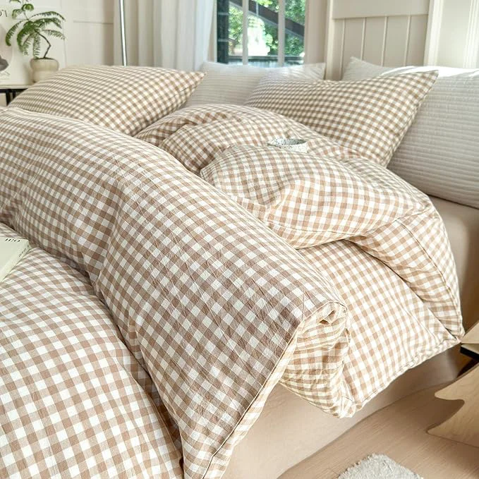 Smooth LifeTB Tan Gingham Comforter Set California King 3 Pieces Modern Plaid Comforter Set Beige Grid Comforter with 2 Pillowcases Soft Fluffy Checkered Grid Pattern Gingham Bedding Set for All Seasons Prestigious