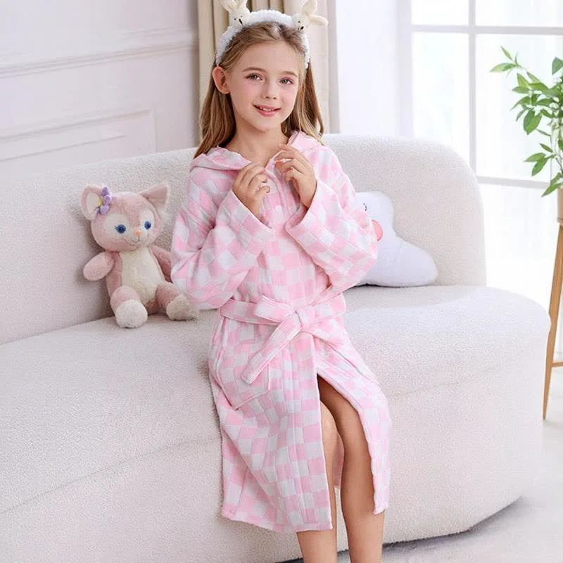 Top-Quality Ownkoti Checkered Hooded Cotton Gauze Child Bathrobe Premium