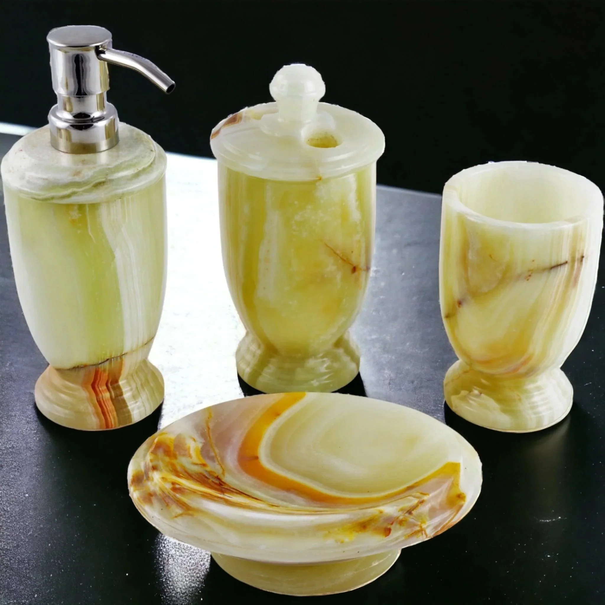 Fine Crafted Bath Accessory Set – 4 Piece Bath Set of Pistachio Onyx Next-Generation