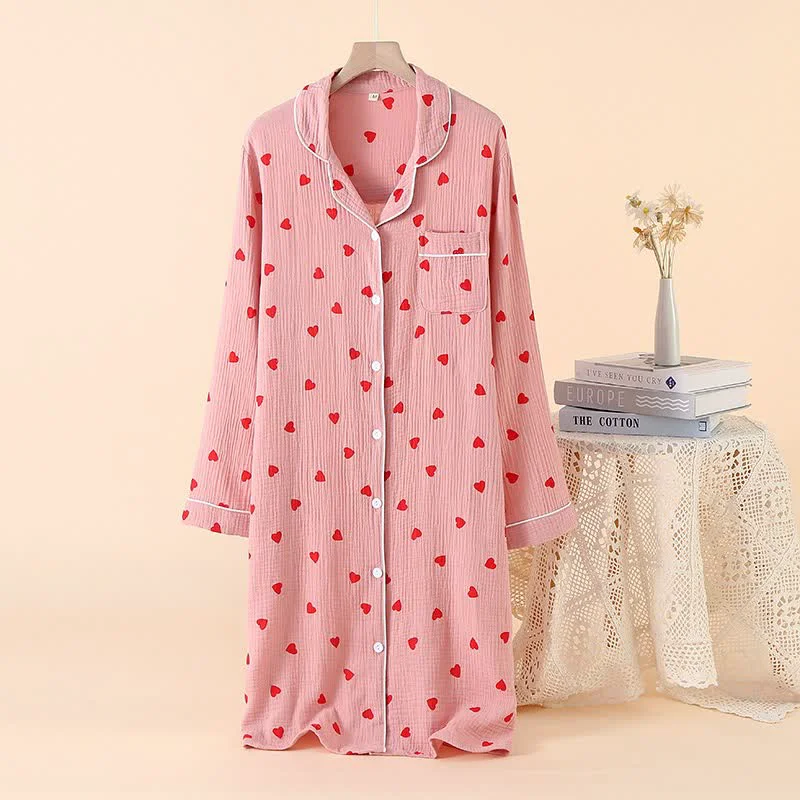 Exclusive Ownkoti Heart Pure Cotton Gauze Button Nightgown Smooth