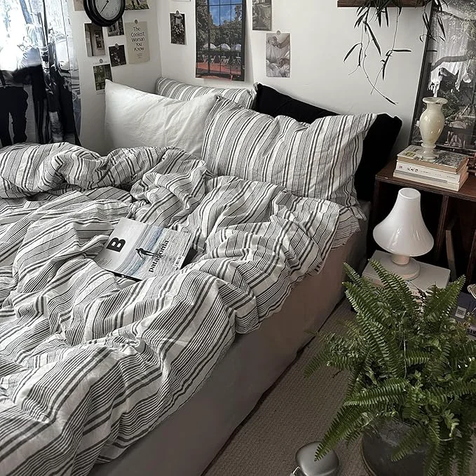 mixinni Washed Cotton Duvet Cover Twin Set – 3 Piece Gray amp White Striped Bedding with Pillowcases Vintage Industrial Style Cotton Soft Breathable-Twin Size Powerful