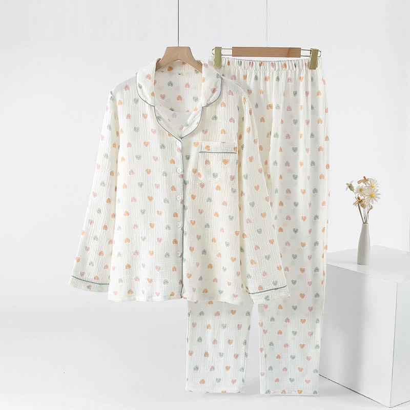 Fashionable Ownkoti Colorful Heart Cotton Gauze Pajama Set Optimized