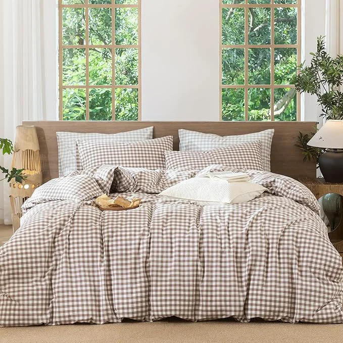 Green MooMee Gingham Duvet Cover Set Washed Cotton Linen Like Textured Breathable Durable Soft Comfy Modern Checkered Design Brown Gingham Palatial King Oversized King 120 quot x98 quot Professional
