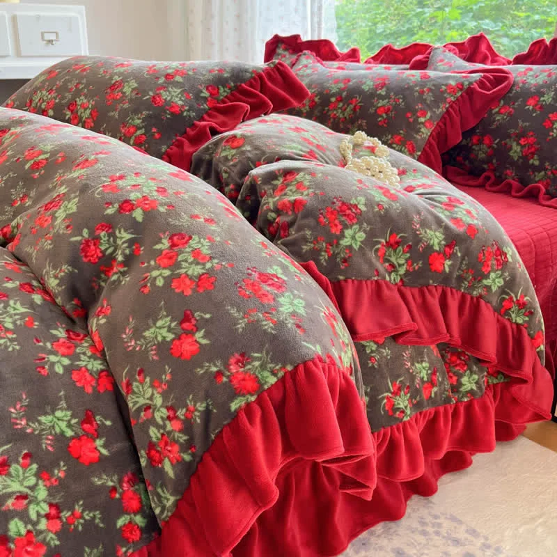 Quality Ownkoti Vintage Rose Floral Velvet Ruffle Bedding Stylish