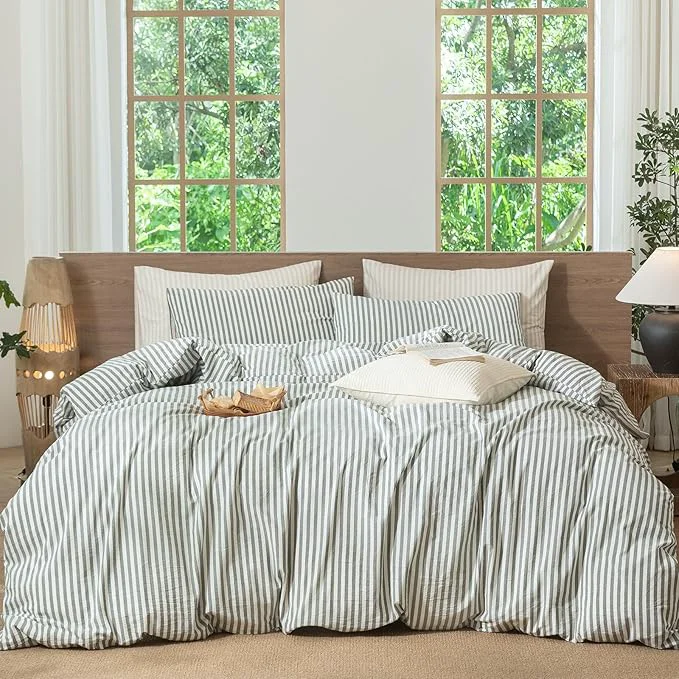 Dependable MooMee Striped Duvet Cover Set Washed Cotton Linen Like Textured Breathable Durable Soft Comfy Heathered Green Classic Stripes Full 80 quot x90 quot Detailed