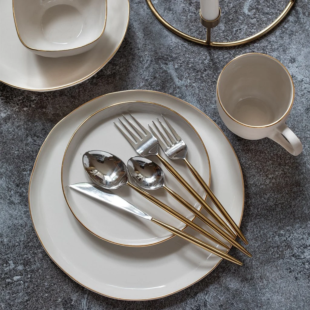 Modern 24k Gold Tam Stoneware Dinner Plate Pearl Set of 4 User-Friendly