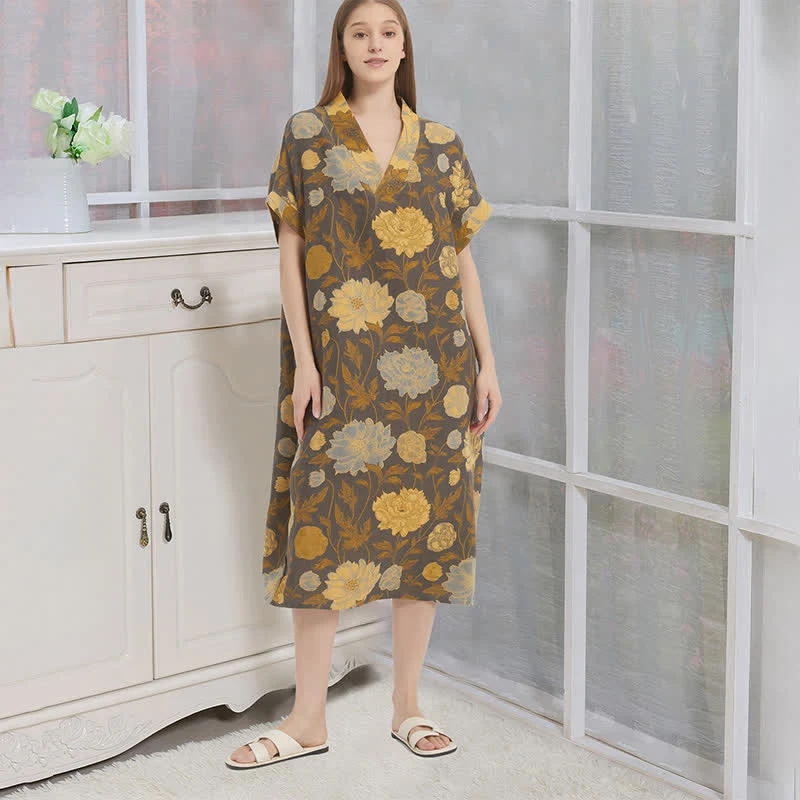 User-Friendly Ownkoti Vintage Peony Jacquard V-Neck Nightgown Solid