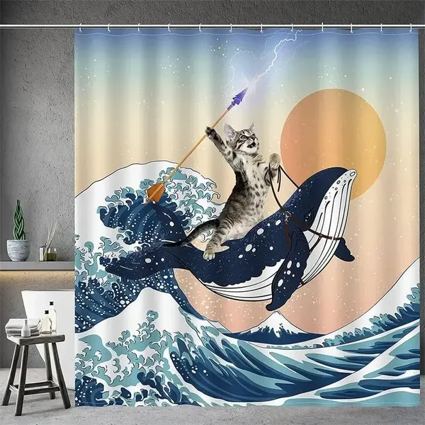 Selected Cat Riding Shower Curtain Premium