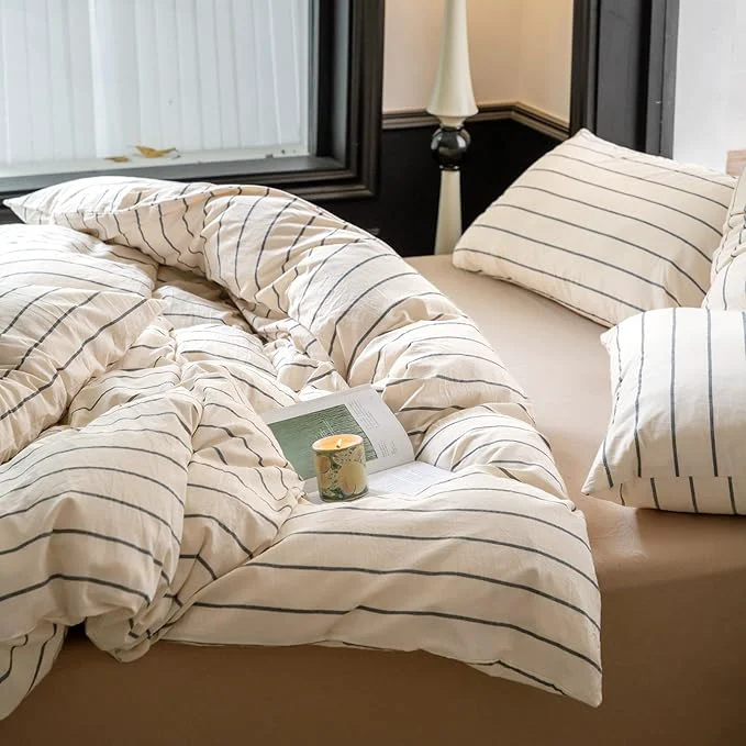Durable Striped Comforter Set Queen Size Grey Stripes Pattern Printed Comforter 3 Pieces Lightweight Boho Bedding Comforter Set for All Seasons Breathable Soft Fluffy Beige Comforter with 2 Pillowcases Responsible