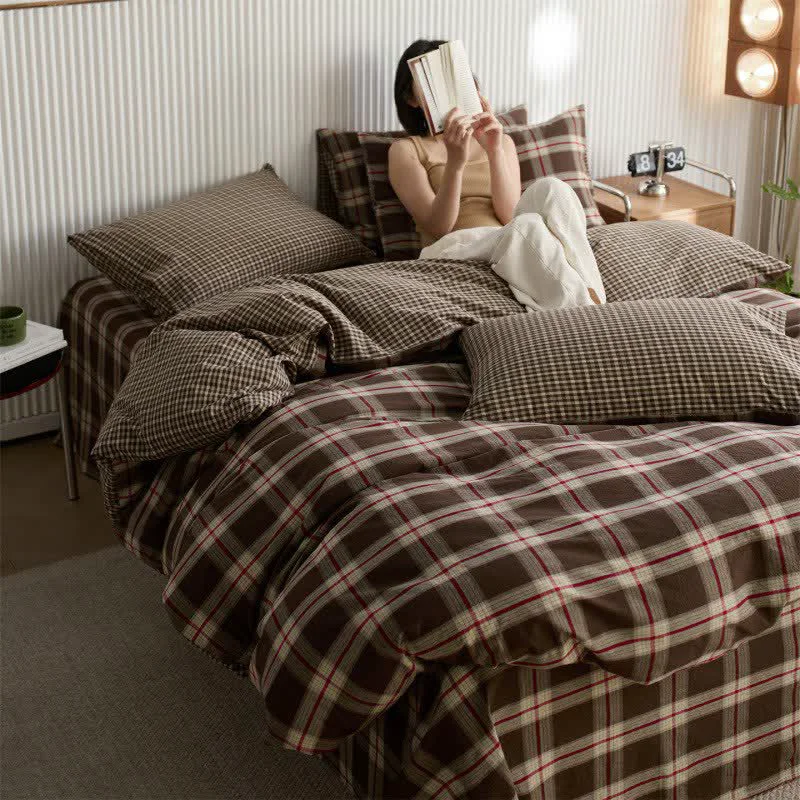 Natural Ownkoti Large-Scale Checkered Cotton Bedding Set Premium Material