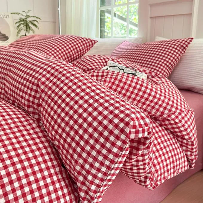 Elite LifeTB Red Gingham Comforter Set Twin XL Modern Style Red Plaid Comforter Set 3 Pieces Soft Fluffy Grid Checkered Pattern Comforter with 2 Pillowcases Farmhouse Gingham Bedding Set Breathable First-Class
