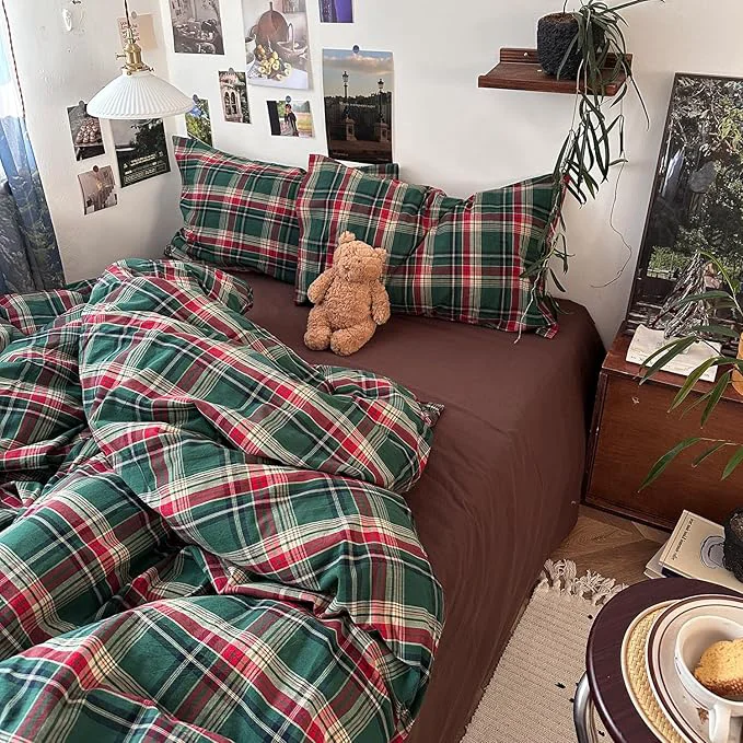 Powerful mixinni Vintage Green Buffalo Plaid Washed Cotton Duvet Cover King – Soft Breathable Textured Bedding Set with Zipper Closure for All Seasons-1 Duvet Cover 2 Pillow Shams-King Size Minimalist