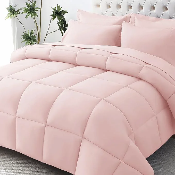 Breathable JOLLYVOGUE Queen Comforter Set Ultra-Soft Bed in a Bag Queen Size 7 Pieces Oeko-TEX Bedding Set with Down Comforter Sheets Pillowcases amp Shams Blush Pink Secure