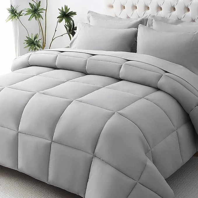 Classic JOLLYVOGUE California King Comforter Set Ultra-Soft Bed in a Bag Cal King Size 7 Pieces Oeko-TEX Bedding Set with Down Comforter Sheets Pillowcases amp Shams Light Grey User-Friendly