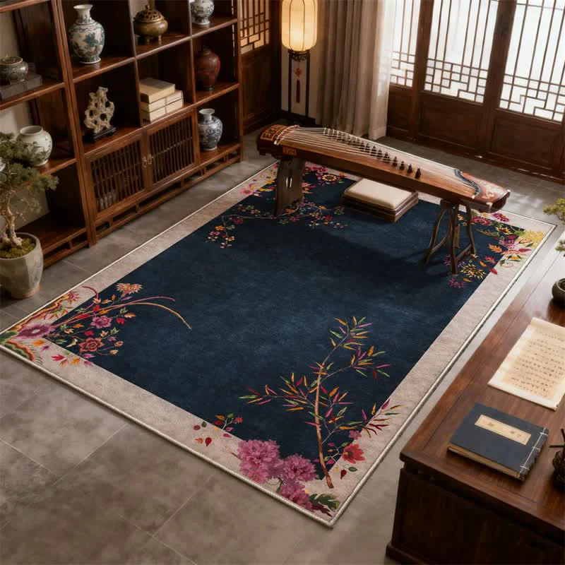 Premium Ownkoti Oriental Chinoiserie Floral Non-slip Area Rug Lightweight