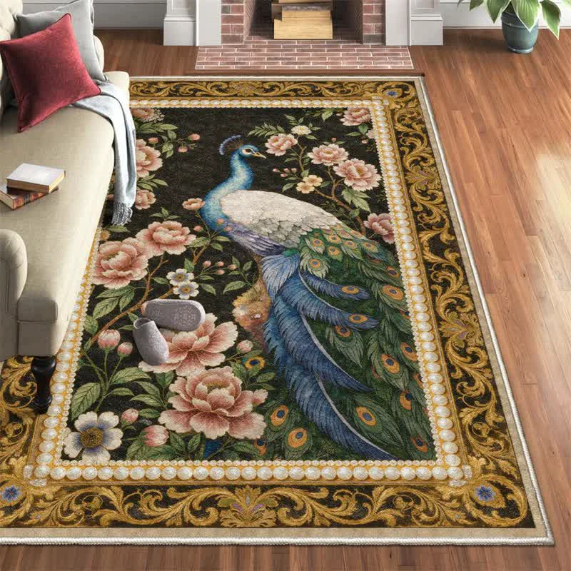 Quality Ownkoti Elegant Peacock Floral Non-slip Area Rug Top-Quality
