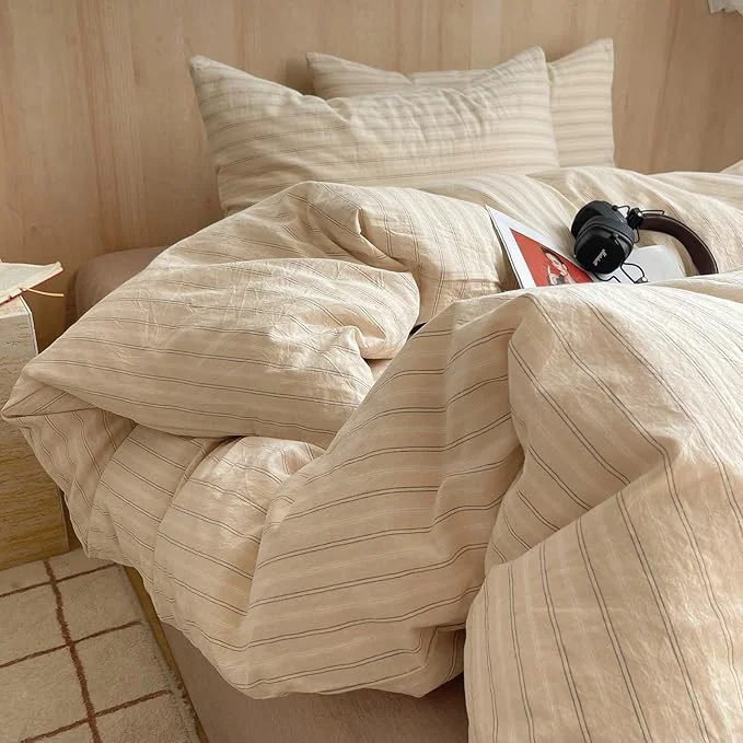 Reliable mixinni Retro Striped Duvet Cover Set Full Size – Washed Cotton Beige Duvet Cover with Black White Stripes Soft Breathable 3 Piece Comforter Cover with Zipper Closure amp Corner Ties Stylish