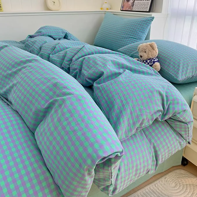 Advanced LifeTB Twin XL Comforter Set Green Gingham Bedding Comforter with 2 Pillowcases Geometric Checkered Plaid Comforter Set for All Season Green Purple Grid Printed Fluffy Soft Lightweight Bedding Set User-Friendly