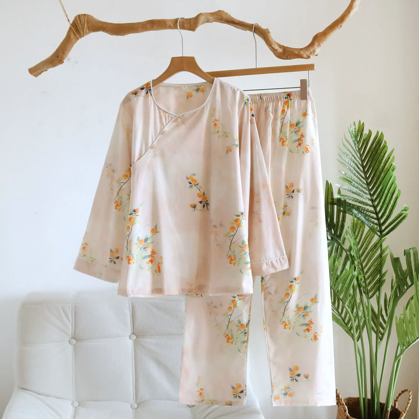 Practical Ownkoti Oriental Yellow Berry Cotton Loungewear Set Dependable