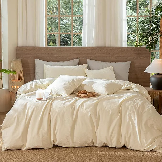 Comfortable MooMee Wavy Striped Duvet Cover Set Washed Cotton Linen Like Textured Breathable Durable Soft Comfy Cream White Super King 108 quot x98 quot Functional