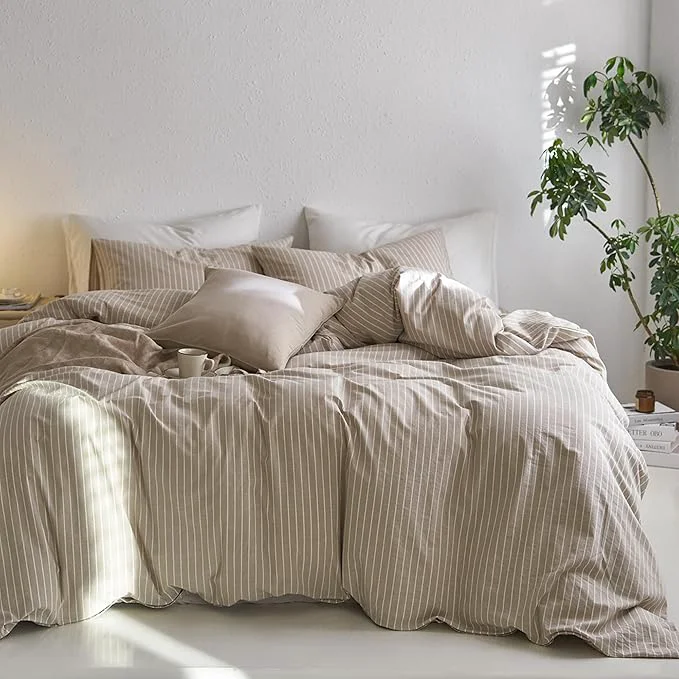 Casual MooMee Striped Duvet Cover Set Washed Cotton Linen Like Textured Breathable Durable Soft Comfy Tannish Linen Grey White Wide Stripes King 104 quot x90 quot Premium