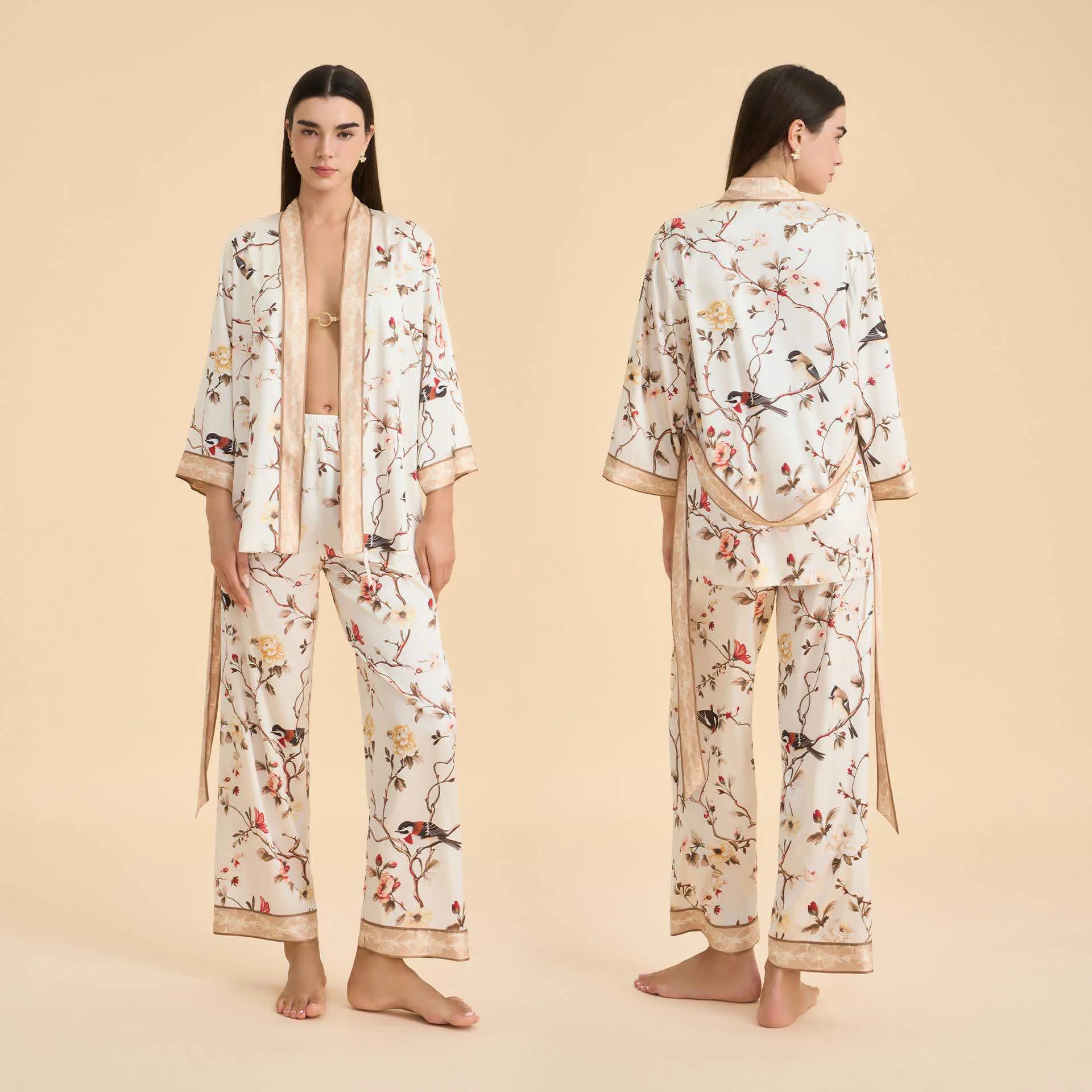 Fashionable Ownkoti Vintage Floral Bird Kimono Loungewear Set Fast