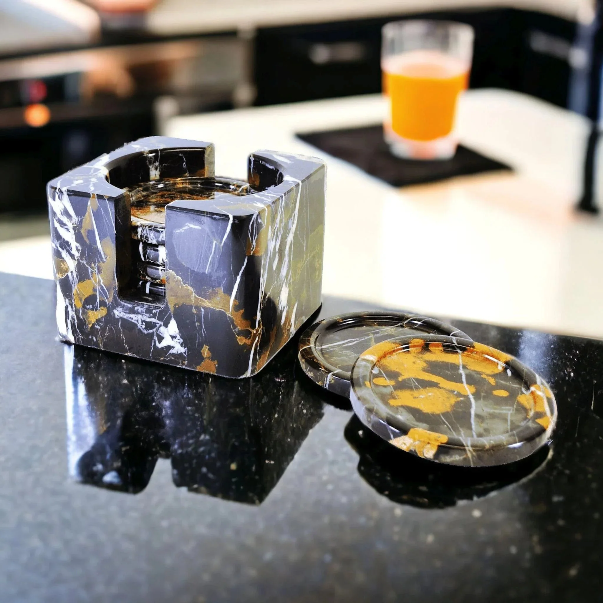 Fine Coaster Set with Storage Holder – Michelangelo Marble Detailed