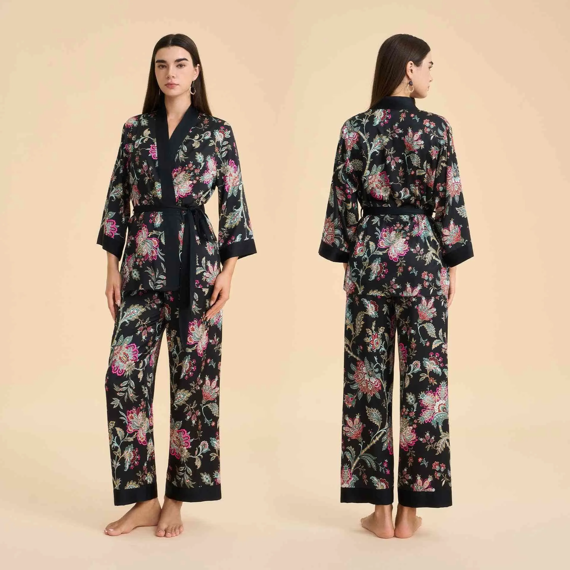 Expertly Made Ownkoti Luxury Dark Bloom Kimono Loungewear Set