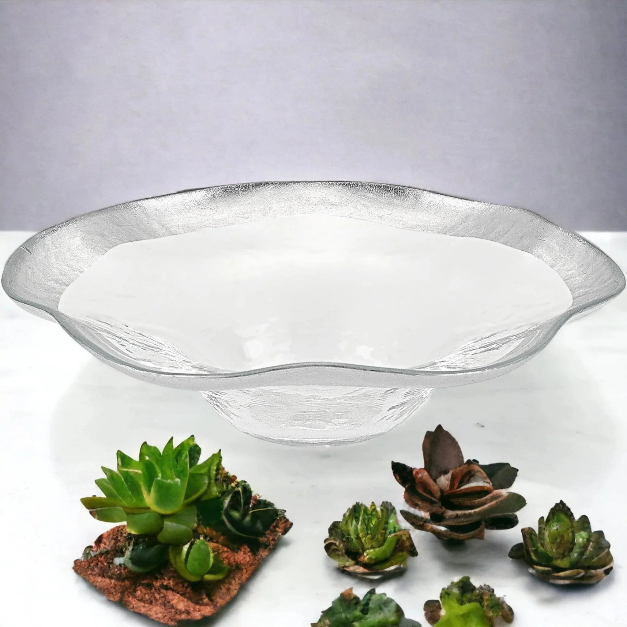 Sustainable Crystal Glass Wave Bowl with Silver Leaf Pattern Expertly Made