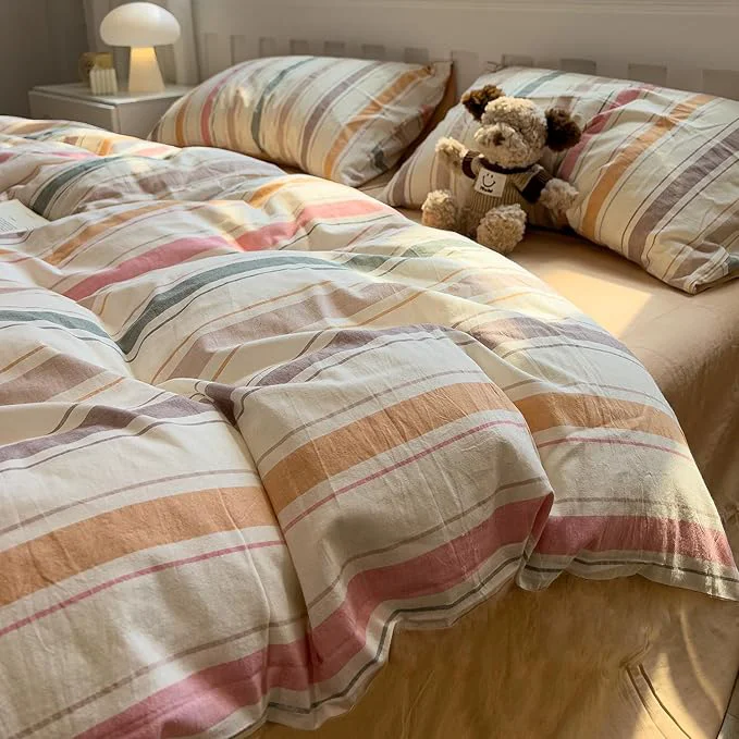 User-Friendly mixinni Vintage Striped Duvet Cover Set Twin Size 3-Piece Washed Cotton Bedding Set – Soft amp Breathable Colorful Comforter Cover with Zipper All-Season Lightweight Bed Set for Cozy Home Sustainable