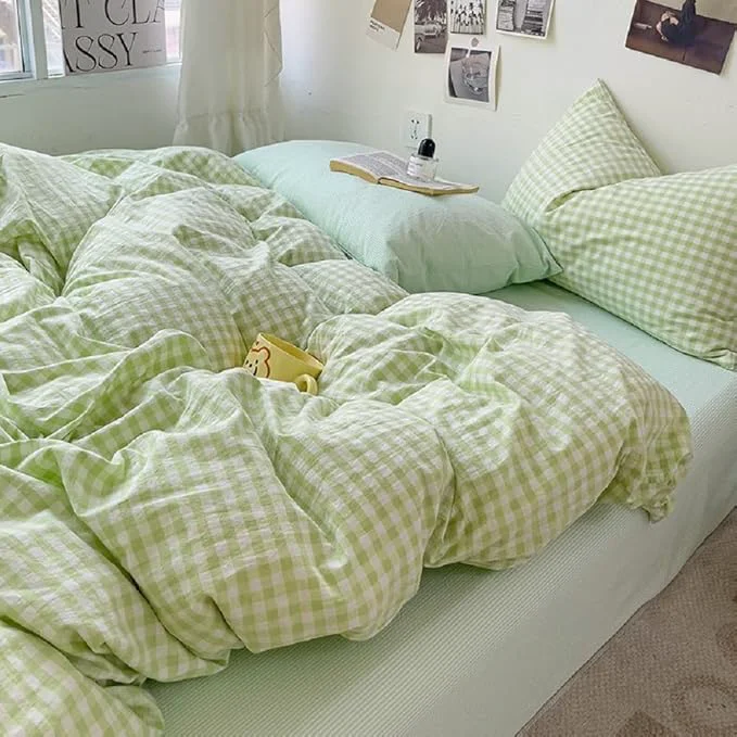 Enhanced LifeTB Queen Comforter Set Green Gingham Bedding Comforter Set 3 Pieces Brown Grid Bed Comforter with 2 Pillowcases Vintage Checkered Plaid Comforter Fluffy Soft Farmhouse Grid Bedding Set Effective