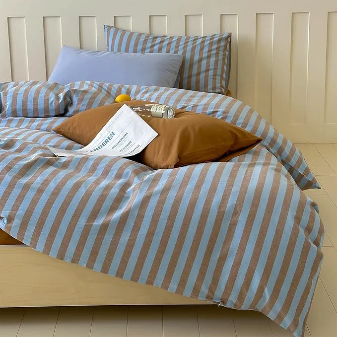 Relaxed LifeTB Queen Comforter Set Vintage Striped Comforter Set 3 Pieces Blue Brown Stripes Pattern Printed Comforter with 2 Pillowcases Fluffy Soft Lightweight Retro Striped Bedding Set for All Seasons Pure