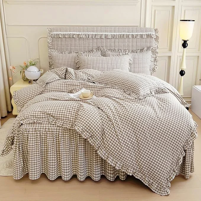 Professional mixinni Tan Gingham Ruffle Duvet Cover Twin Size 3 Pieces – Washed Cotton Vintage Plaid Ruffled Bedding Set with Zipper Ties Soft Cream Checkered Grid Farmhouse Chic Comforter Cover Set Original