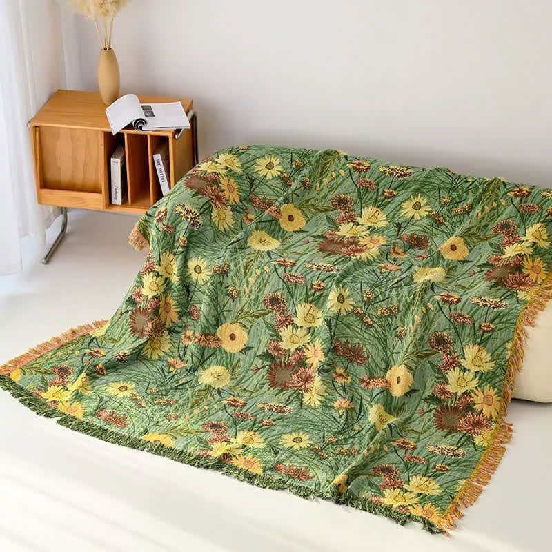 Durable Ownkoti Meadow Daisy Cotton Gauze Tassel Blanket Natural