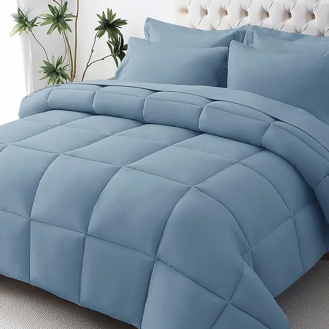Lightweight JOLLYVOGUE Full Comforter Set Ultra-Soft Bed in a Bag Full Size 7 Pieces Oeko-TEX Bedding Set with Down Comforter Sheets Pillowcases amp Shams Dusty Blue Safe