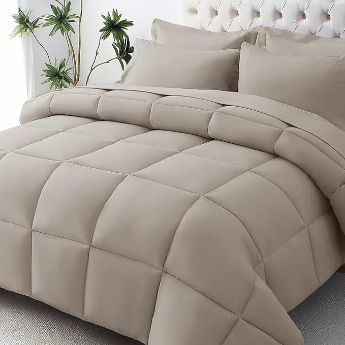 Contemporary JOLLYVOGUE Queen Comforter Set Ultra-Soft Bed in a Bag Queen Size 7 Pieces Oeko-TEX Bedding Set with Down Comforter Sheets Pillowcases amp Shams Khaki Innovative