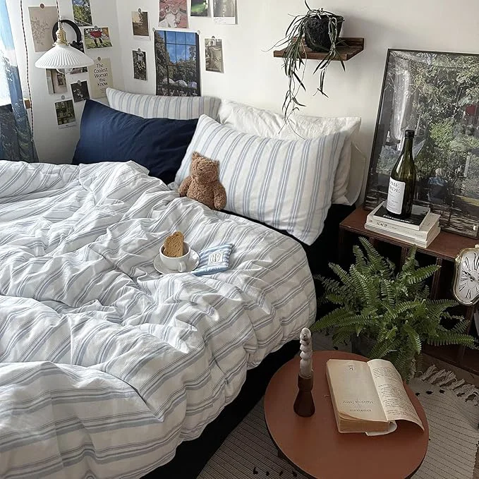 Genuine mixinni Vintage Blue amp White Striped Duvet Cover Set – 3 Piece Washed Cotton Full Size Bedding Minimalist Relaxed Style Ultra Soft Breathable with Zipper Closure amp Corner Ties-Full Size Smart