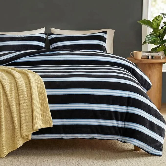 Efficient Bedbay Striped Comforter Set Fluffy Fleece Queen Comforter Set Soft Warm Flannel Velvet Comforter 3 Pcs Blue Black Striped Bedding Set Modern Stripes Pattern Queen Bed Set for All Seasons Responsible