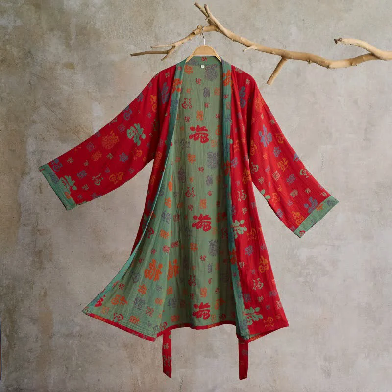 Casual Ownkoti Auspicious Pattern Cotton Gauze Kimono Robe Versatile