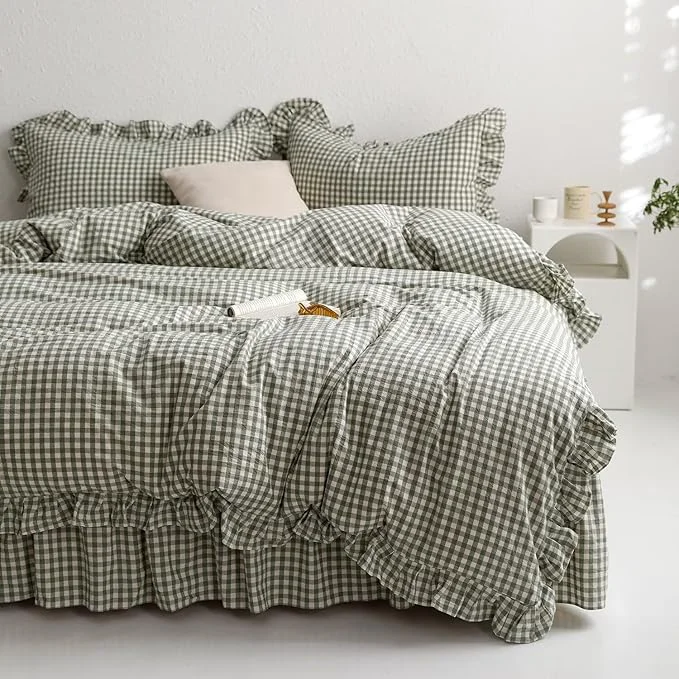 Pure mixinni Green Gingham Ruffle Duvet Cover Queen Size 3 Pieces – Washed Cotton Vintage Plaid Ruffled Bedding Set with Zipper Ties Soft Checkered Grid Farmhouse Chic Comforter Cover Set Functional