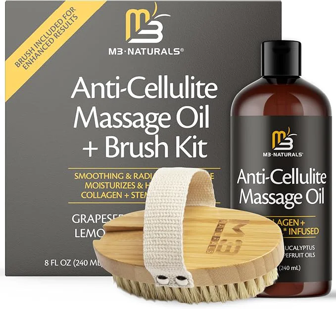 Healthy Anti Cellulite Massage Oil and Firm Dry Brush Kit Collagen Stem Cell Skin Selected