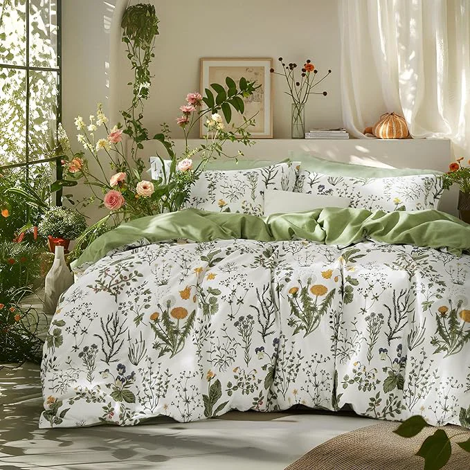 Bedsure Duvet Cover Queen Size – Cotton Reversible Floral Queen Duvet Cover Set with Zipper Closure 3 Pieces Soft amp Breathable PureWoven Green Bedding Set with 2 Pillow Shams 20 quot x26 quot Authentic