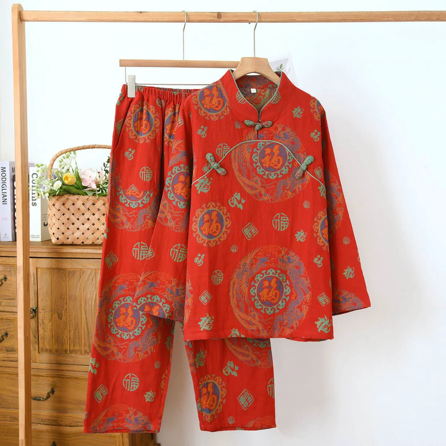 Practical Ownkoti Auspicious Mandarin Collar Cotton Pajama Set Easy-to-Use
