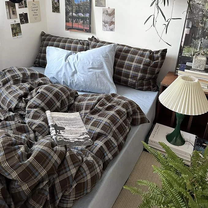 mixinni Vintage Buffalo Plaid Duvet Cover Set California King 3 Piece Washed Cotton Bedding Set with Grid Pattern Soft amp Breathable Duvet Cover with Pillowcases for All Seasons Brown amp Blue Beige High-Performance