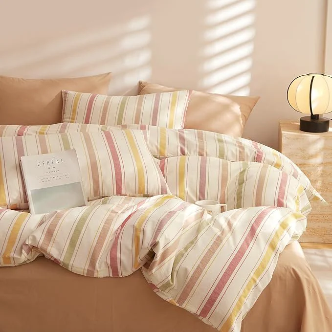 Comfortable mixinni Vintage Striped Duvet Cover Set Twin 3-Piece Washed Cotton Bedding Set – Soft Breathable amp Colorful Marble Stripe Pattern All-Season Comforter Cover with Zipper-Twin Size Relaxed