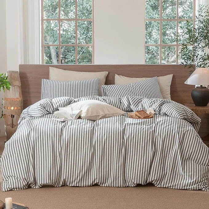 Premium Material MooMee Striped Duvet Cover Set Washed Cotton Linen Like Textured Breathable Durable Soft Comfy Dark Grey White Classic Stripes Cal King 104 quot x98 quot Pure