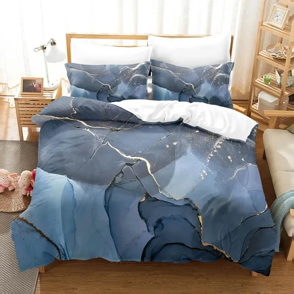 Environmentally Friendly 3D Blue amp Grey Marble Bedding Set Classic